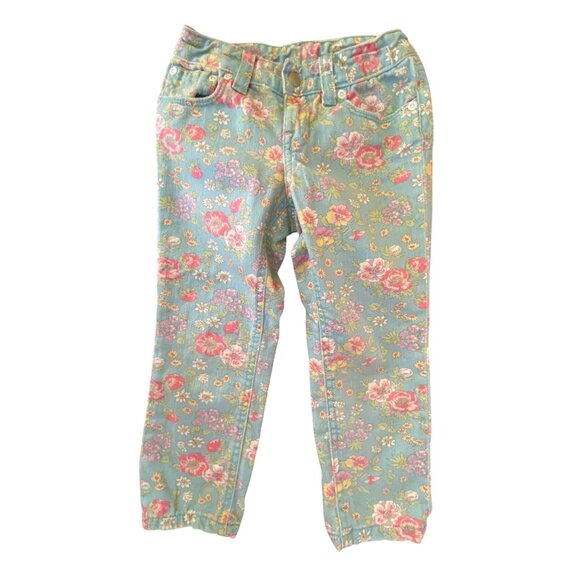 Ralph Lauren Girls Floral Printed Denim Pants Jeans Size 5 Country Cute Western - Picture 1 of 8